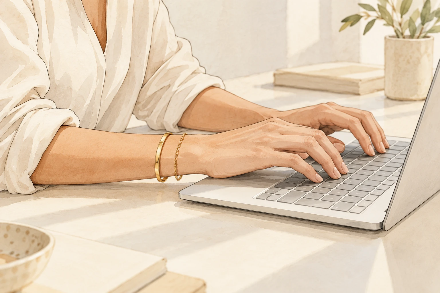 Rysunkowa scena pisania na laptopie z cienkim łańcuszkiem i gładką obręczą na nadgarstku