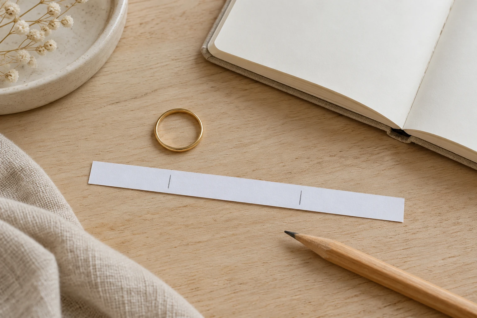 Pierścionek, pasek papieru z zaznaczeniami, ołówek i otwarty notes na drewnianym stole